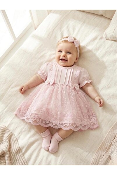 Miniday Baby Kız Bebek Mevlütlük Elbise Yazlık Bandanalı Dantelli Yeni doğan ...