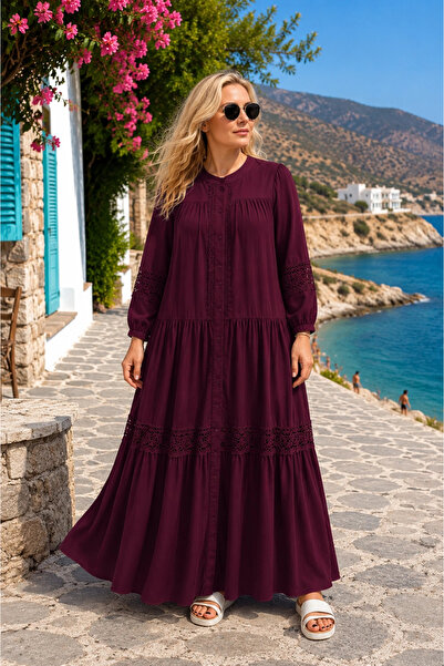 AZRA BUTİK Lavinya Patterned Guipure Dress Burgundy