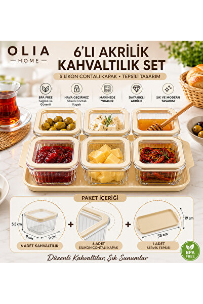 OLİAHOME 6’lı Akrilik Kahvaltılık Seti Silikon Contalı Kapaklı Tepsili Krem