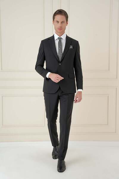 Efor Slim Fit Çift Yırtmaç Mono Yaka Klasik Siyah Takım Elbise Tk 912