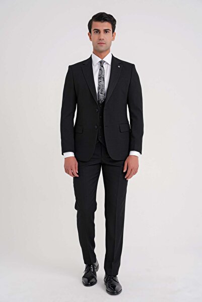Efor Slim Fit Double Slit Texture Patterned Flexible Black Vest Suit Tk 924