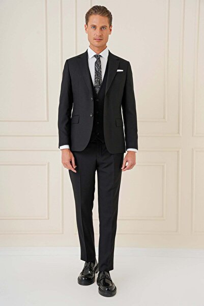 Efor Slim Fit Mono Yaka Yünlü Esnek Siyah Yelekli Takım Elbise TK 903