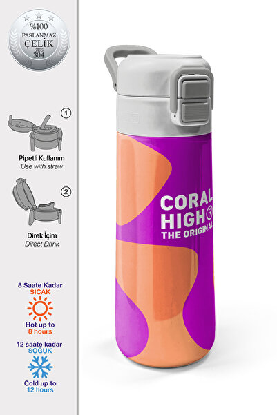 Coral High Kids Koyu Pembe Turuncu Desenli Pipetli ve Direkt İçim Çelik Termo...