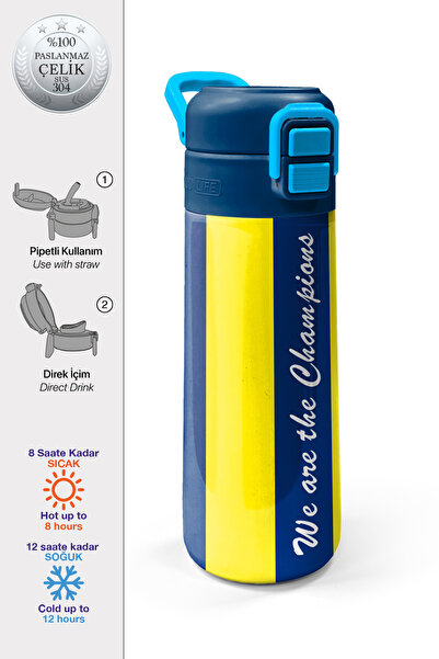 Coral High Kids Yellow Navy Blue Barred Straw and Direct Drinking Steel Therm...
