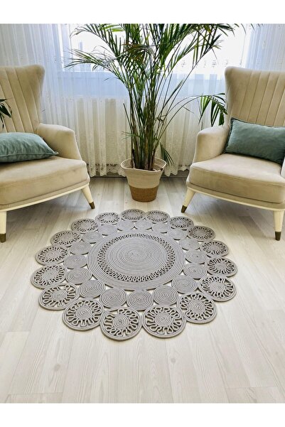 ModaCardin jüt Hasır görünümlü Desenli Modern El Örgüsü daire Halı Kilim