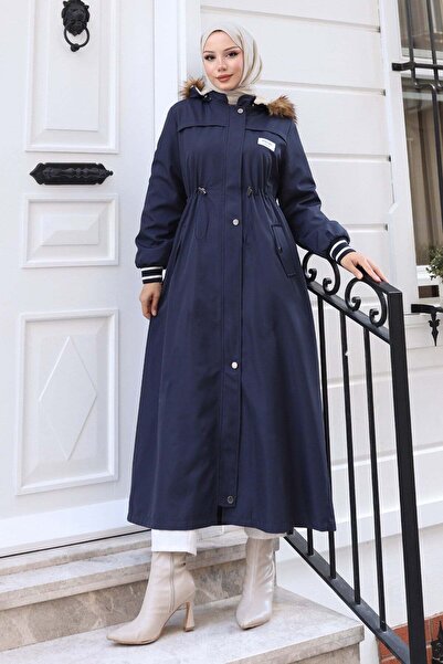 Missvalle Arma Detailed Hooded Coat Navy Blue 19268
