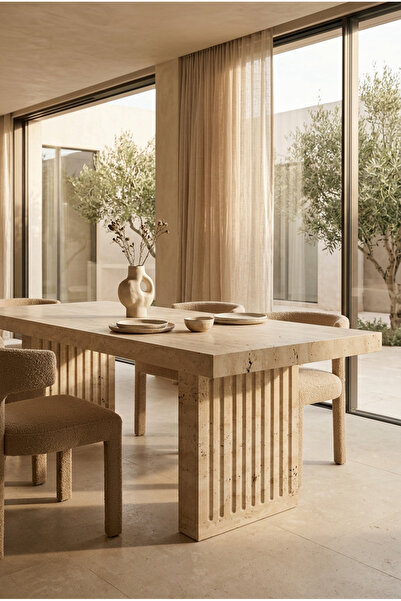 MIARIK DESIGN & DEKORASYON Artodusso 2 Sütunlu Ayaklı Traverten Mermer Yemek ...