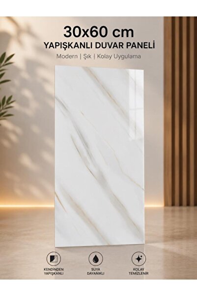 Renkli Duvarlar 60x30cm Shiny Krem-Toprak Mermer Desenli Yapışkanlı Mutfak Ba...