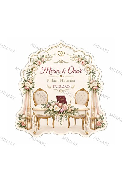 Minart 50 Adet Kişiye Özel Nikah Masası Magneti, Sandalye ve Çiçek Detaylı Ma...