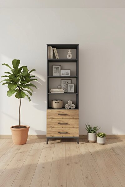 mobihobi Silva 4 Raflı 3 Çekmeceli Antrasit-Çam Dolap 60x30x182 cm - Kitaplık...