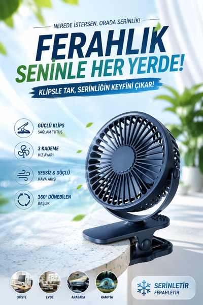 POLYGOLD Klipsi Tutamaçlı Fan Şarjlı Vantilatör Mini Masaüstü Taşınabilir 3 K...