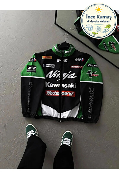 Lushen Ninja Kawasaki Unisex Paraşüt Kumaş Oversize Baskılı Siyah Rüzgarlık Y...