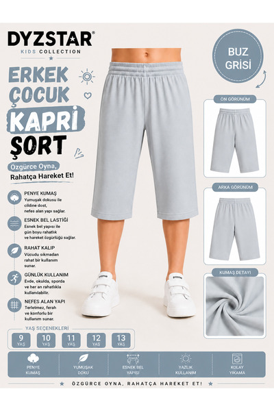 DYZSTAR Erkek Çocuk Penye Kapri Şort Buz Grisi Lastikli Bel Rahat Kalıp Yazlı...
