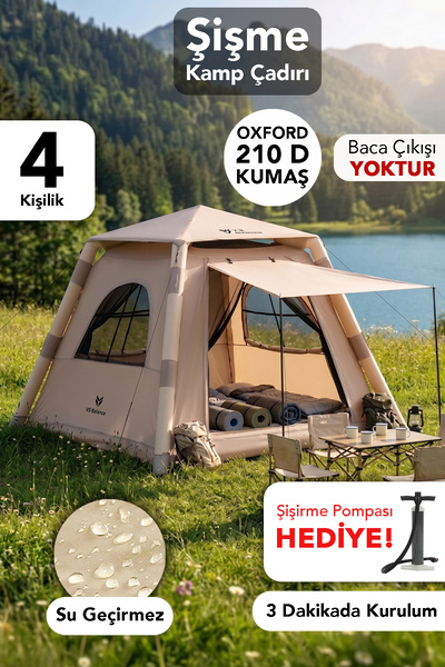 fischerone 4 Kişilik Şişme Çadır - 4 Mevsim Kullanım Hızlı Kurulum Güneş Koru...
