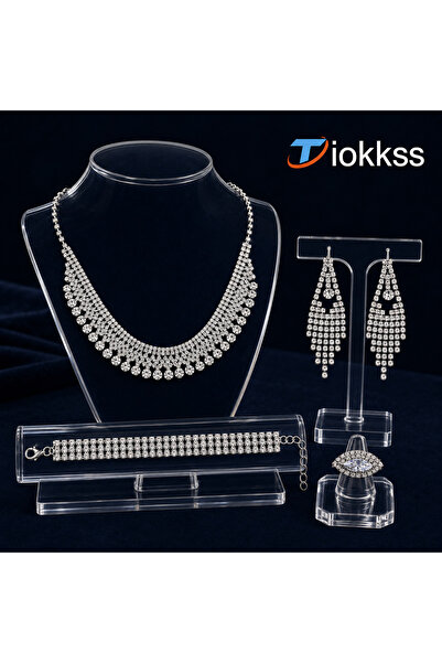 Tiokkss 5pcs Rhinestone Jewelry Set for Women, Silver Necklace Earrings Brace...