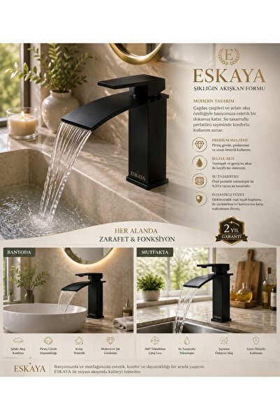 ESHOME Mat Siyah Lavabo Bataryası – Şelale Akışlı Modern Banyo Musluğu | Tek ...