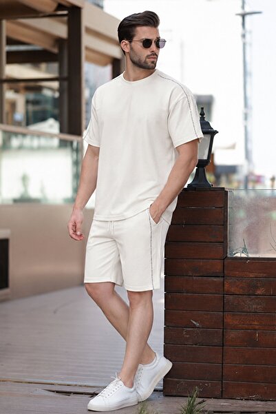 Madmext Ecru Overfit Printed Men's Shorts T-Shirt Suit E7302