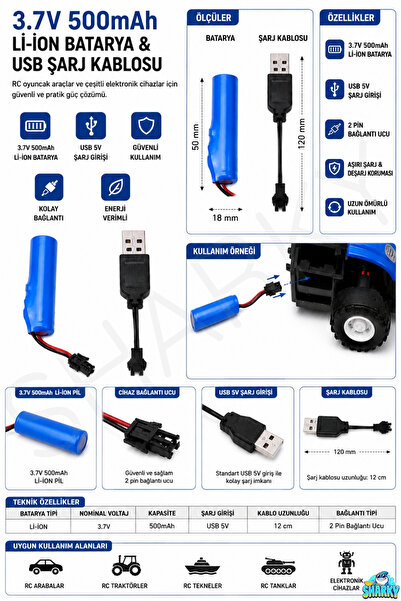 SHARKY 3.7 Volt 500 Mah Şarj Edilebilir Şarjlı Pil ve Şarj Kablosu Seti - Kum...