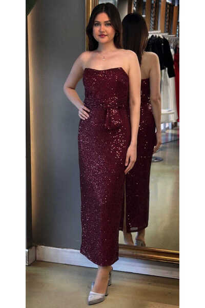 Abiyeniall Vişne Renk Düz Kesim Payet Midi Abiye Elbise 7716