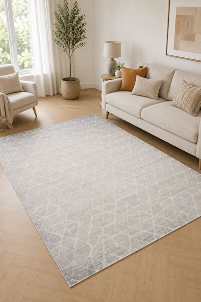 Serente Home Geometrik Desenli Yıkanabilir Kaymaz Taban Şönil Bej Salon Halıs...