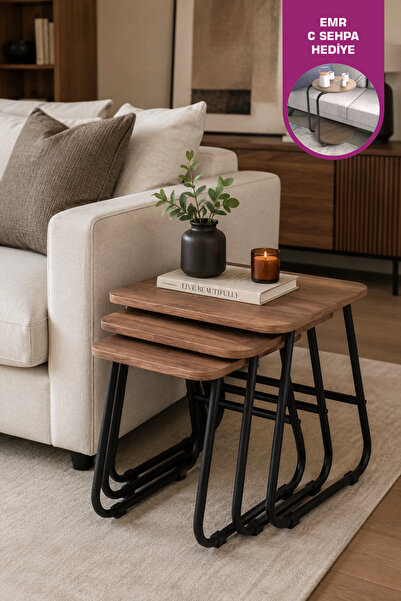 Zigana Multipurpose Black Metal Leg 3-Piece Chestnut MDF Zigon Coffee Table