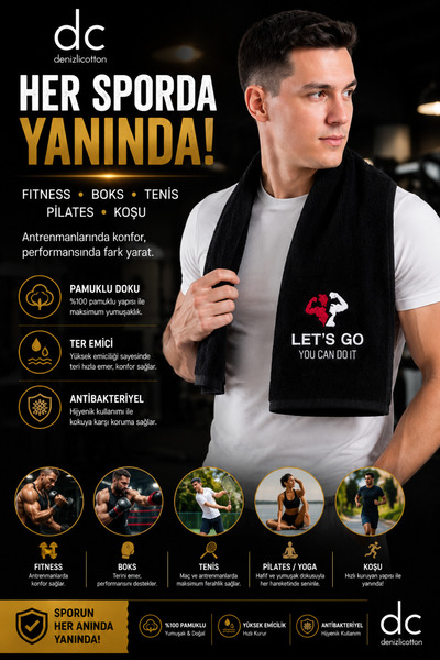 denizlicotton Embroidered Sports Towel Cotton Sweat Absorbent Fitness Pilates Boxing Tennis Towel 30X90
