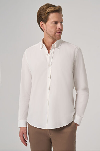 Morven Men's White Cotton Trend Dynamic Fit Button Collar Shirt