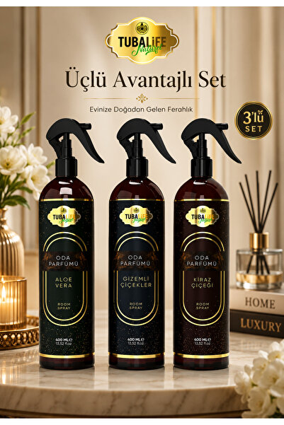 3’lü Koku Dünyası Seti Aloe Vera Kiraz Çiçeği Gizemli Çiçekler Oda Parfümü