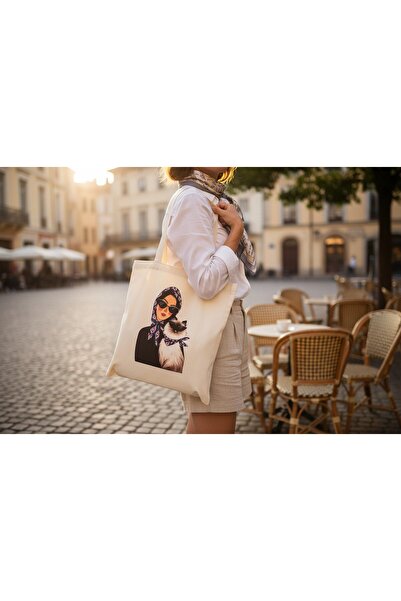 MAHZEN VI Women's and Cat Printed Tote Bag with Shawl Detail