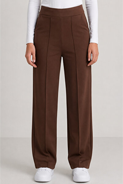 MODASPARK Brown High Waist Women's Palazzo Trousers with Pockets