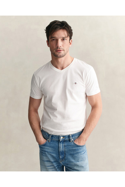 Gant Erkek Beyaz Slim Fit V Yaka T-Shirt