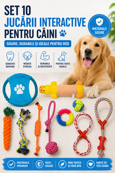 Fish & Paws Set de 10 jucării interactive pentru câini, sigure și durabile, i...