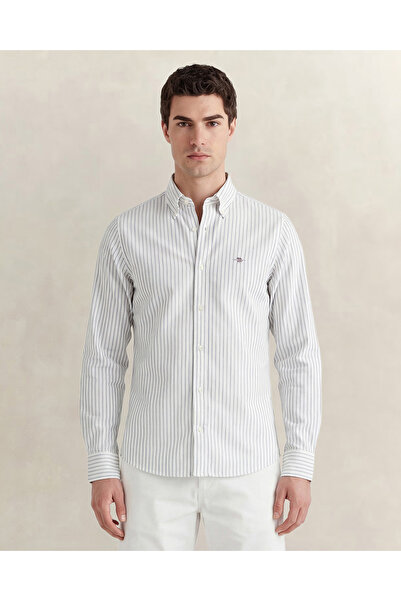 Gant Erkek Beyaz Slim Fit Çizgili Logolu Gömlek