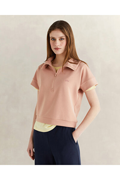 Gant Kadın Pembe Relaxed Fit Yarım Fermuarlı Kısa Kollu Sweatshirt