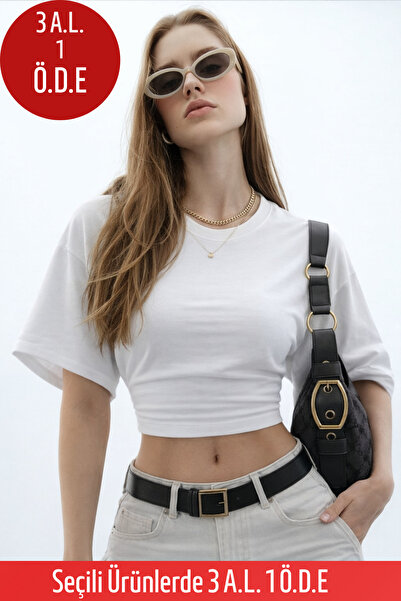 COMBİNE MİCHAİL Kadın Basic Bel Detaylı Beyaz Crop Bluz