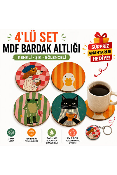 kids town WoodTown Retro Hayvan Figürlü MDF Bardak Altlığı 4'lü Set | UV Bask...