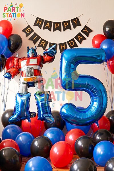 Parti Station Transformers Optimus Prime 5 Yaş Doğum Günü Balon Seti Folyo Ra...