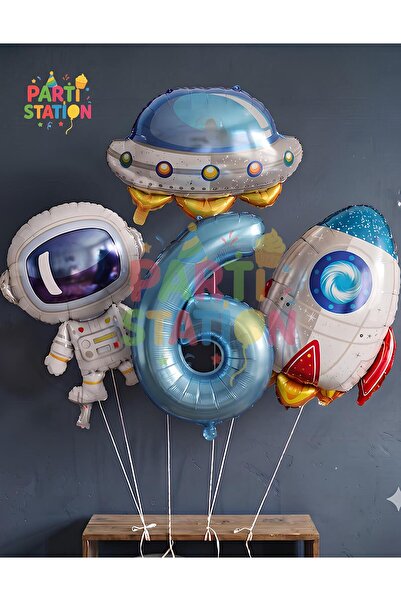 Parti Station Uzay Astronot Uzay Gemisi Roket 6 Yaş Balon Set Uzay Astronot K...
