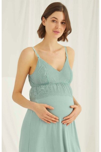 MONAMİSE 18470 Women's Light Green Strap Maternity Homewear Dressing Gown Set with Breastfeeding Feature