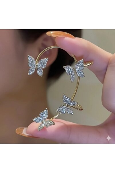 Aksesdunya Kelebek Kancalı Taşlı Kıkırdak Earcuff Gold Küpe