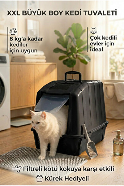 Kurtbay Şekil XXL Büyük Boy Kapalı Kedi Tuvaleti, Filtreli ve Kürek Hediyeli,...