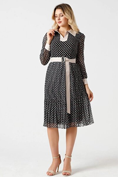 lodmela Rochie cu pliuri cu cravată 1774-Negru/Bej