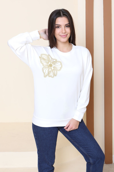 TOFİSA Hanorac modal cu broderie florală la umăr - 27883-ALB