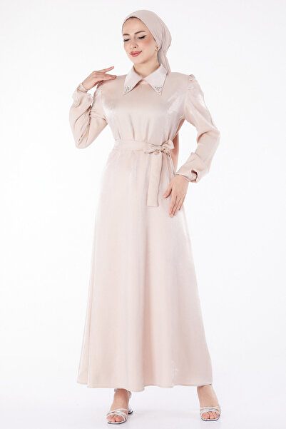 TOFİSA Straight Shirt Collar Women's Beige Belted Dress - 25406