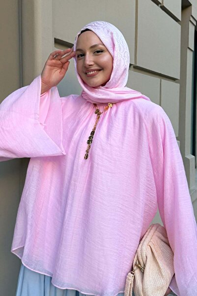 Modaensarbutik Kol Salaş Yaka Büzgülü Modal Tül Gömlek-PEMBE