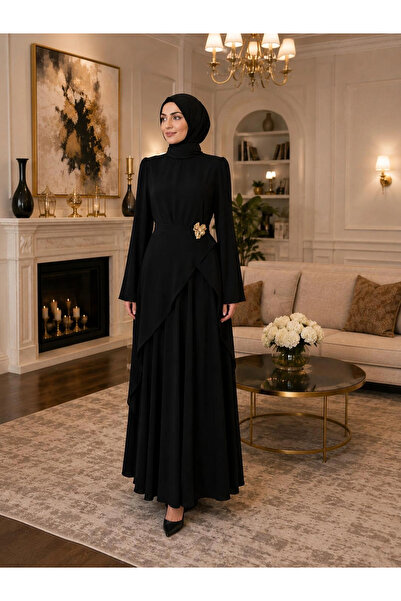 Butik Siyah Modal Kumaş Belden Tokalı Elbise Modelimiz