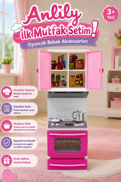 craftivio Anlily İlk Mutfak Setim - Açılır Kapaklı Mutfak Dolabı, Ocak, Fırın...
