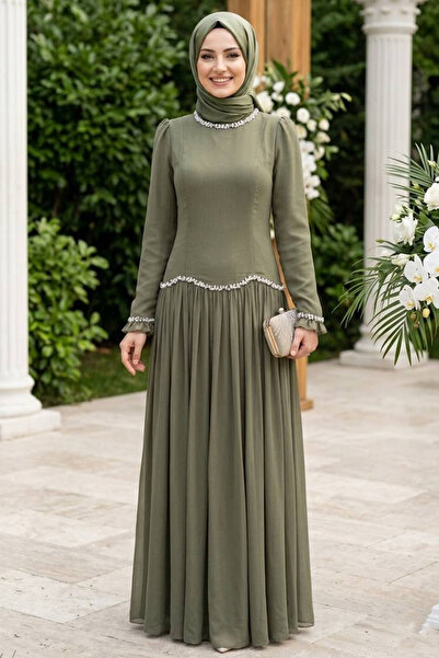 N.S NEVA STYLE فستان سهرة إسلامي أخضر مزين بالخرز 55212CY