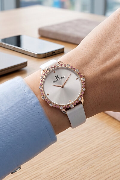 Daniel Klein White Leather Strap Colorful Stone Women's Wrist Watch + Bracelet