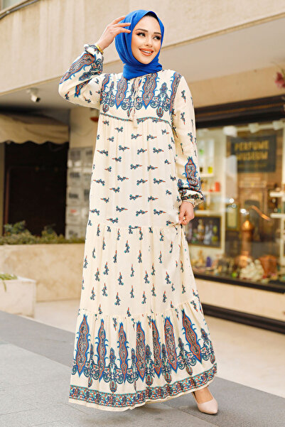 Neva Style Rochie Hijab Ecru cu Motive 50092E